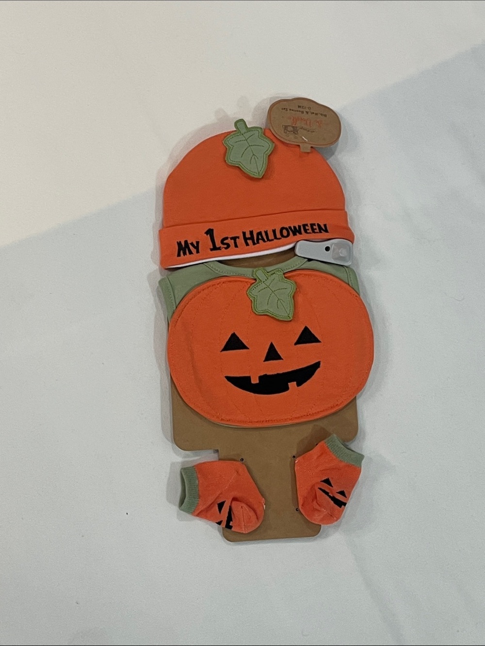 Orange Pumpkin 3-Piece Halloween Set with Green Leaf Accents for babies 0-12 m